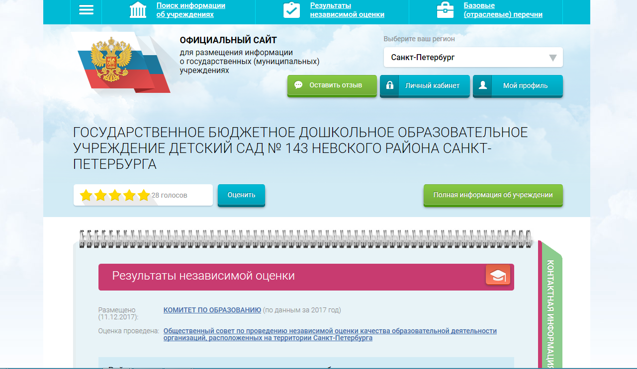 Государственное бюджетное дошкольное образовательное учреждение детский сад  № 143 Невского района Санкт-Петербурга - Результаты независимой оценки  качества образования